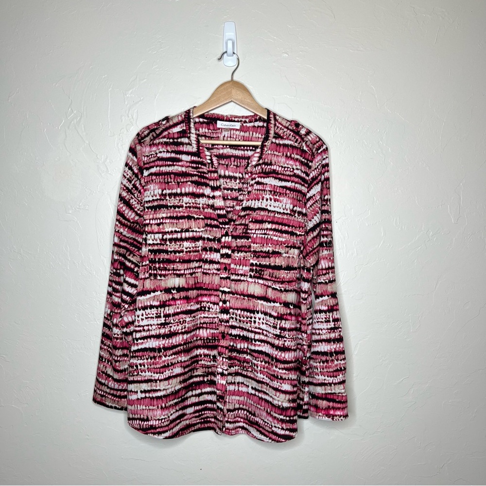 Calvin Klein Pink Black White Patterned V-Neck Blouse